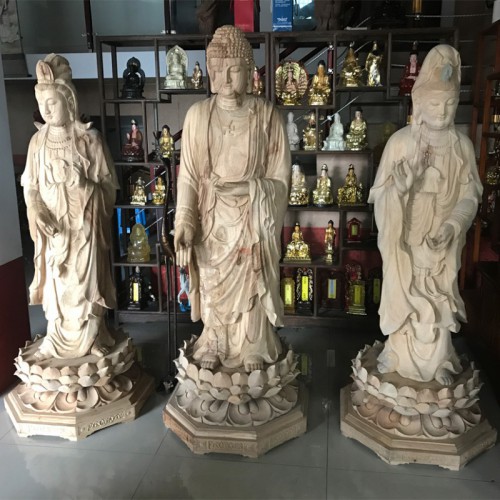 木雕佛像厂家雕塑香樟木西方三圣佛像